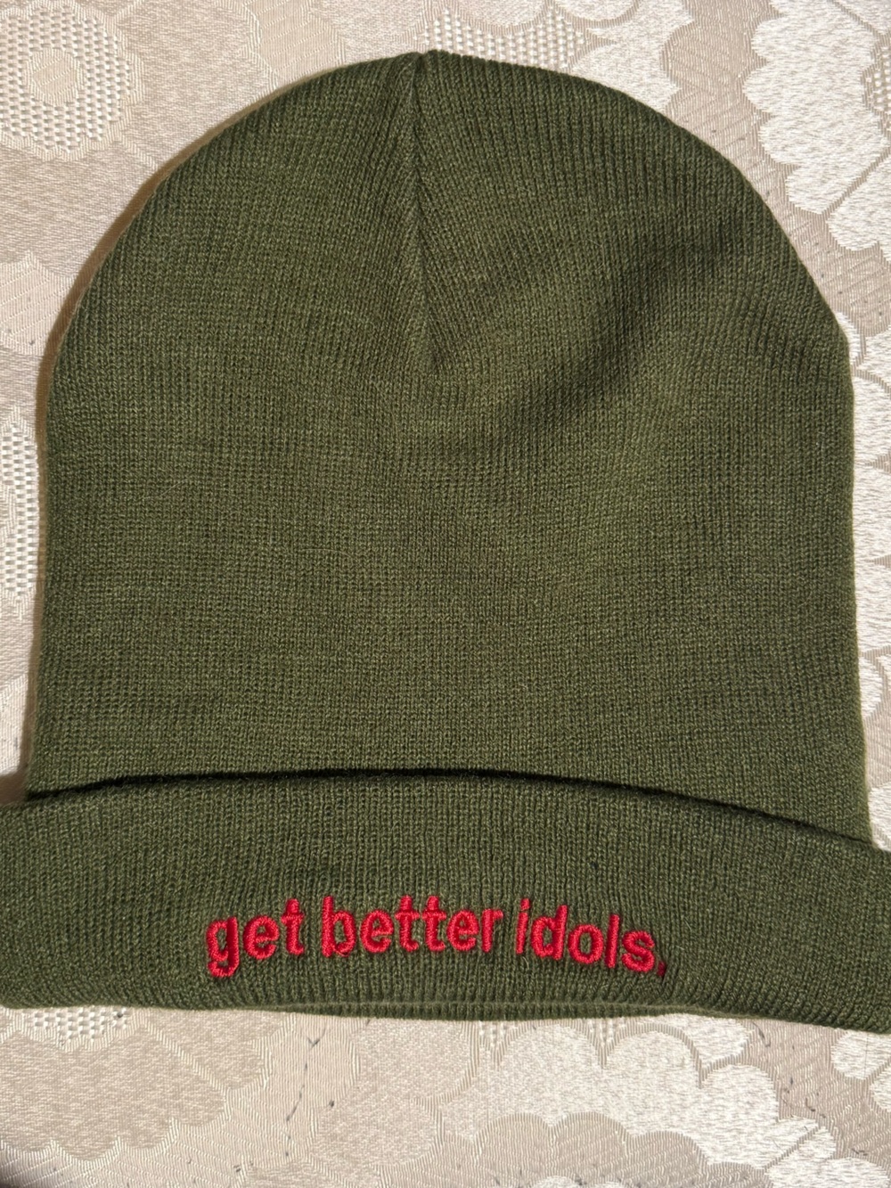 Womens Olive Green Beanie with Red Embroidered Text - get better idols